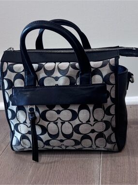 Coach Black and Khaki Signature Canvas Satchel